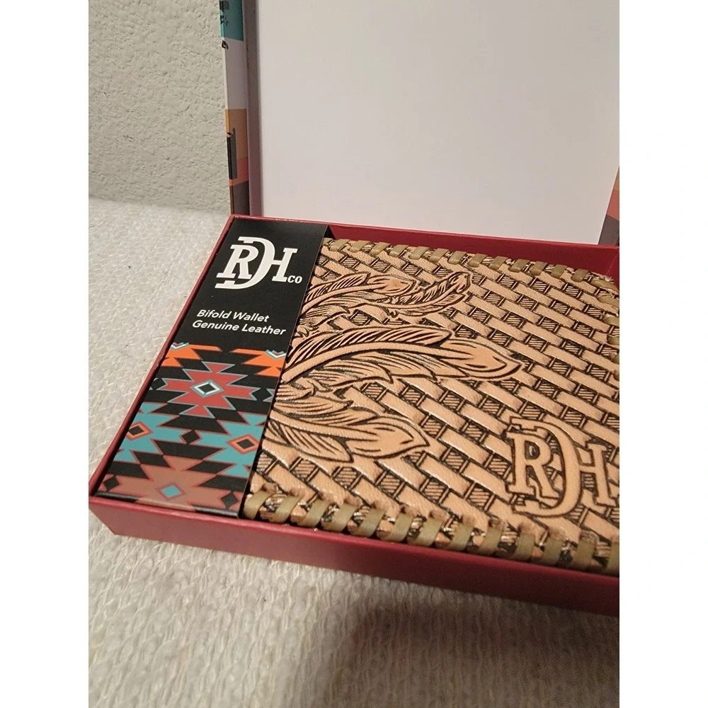 Red Dirt Hat Company Genuine‎ Tooled Leather Bifold Wallet Men's New With Box